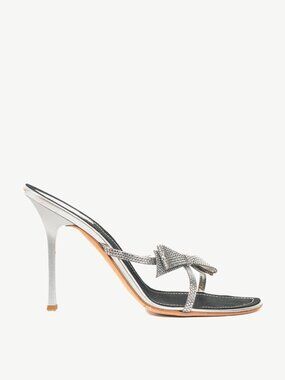 Rene Caovilla Silver Rhinestone Bow Mule Sandals